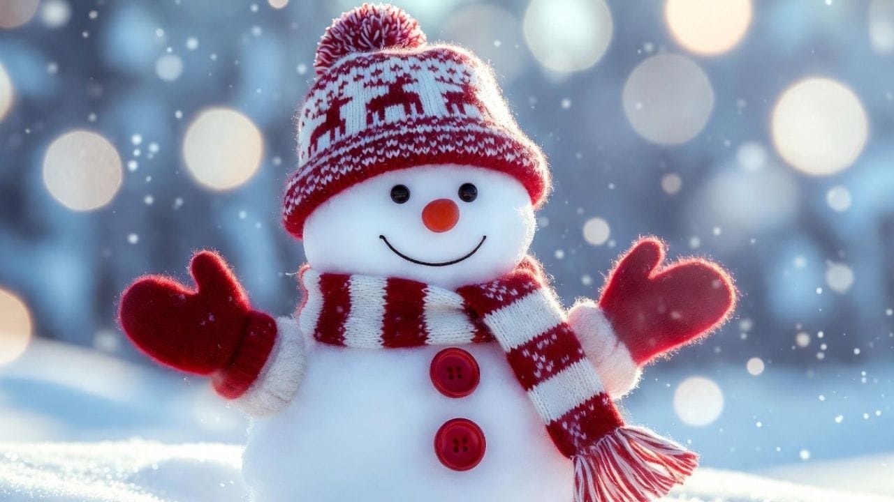 Cute snowman wearing a red and white knit hat with reindeer pattern, matching scarf, and red mittens, smiling cheerfully as snow falls softly in a blurred winter background with glowing light bokeh.