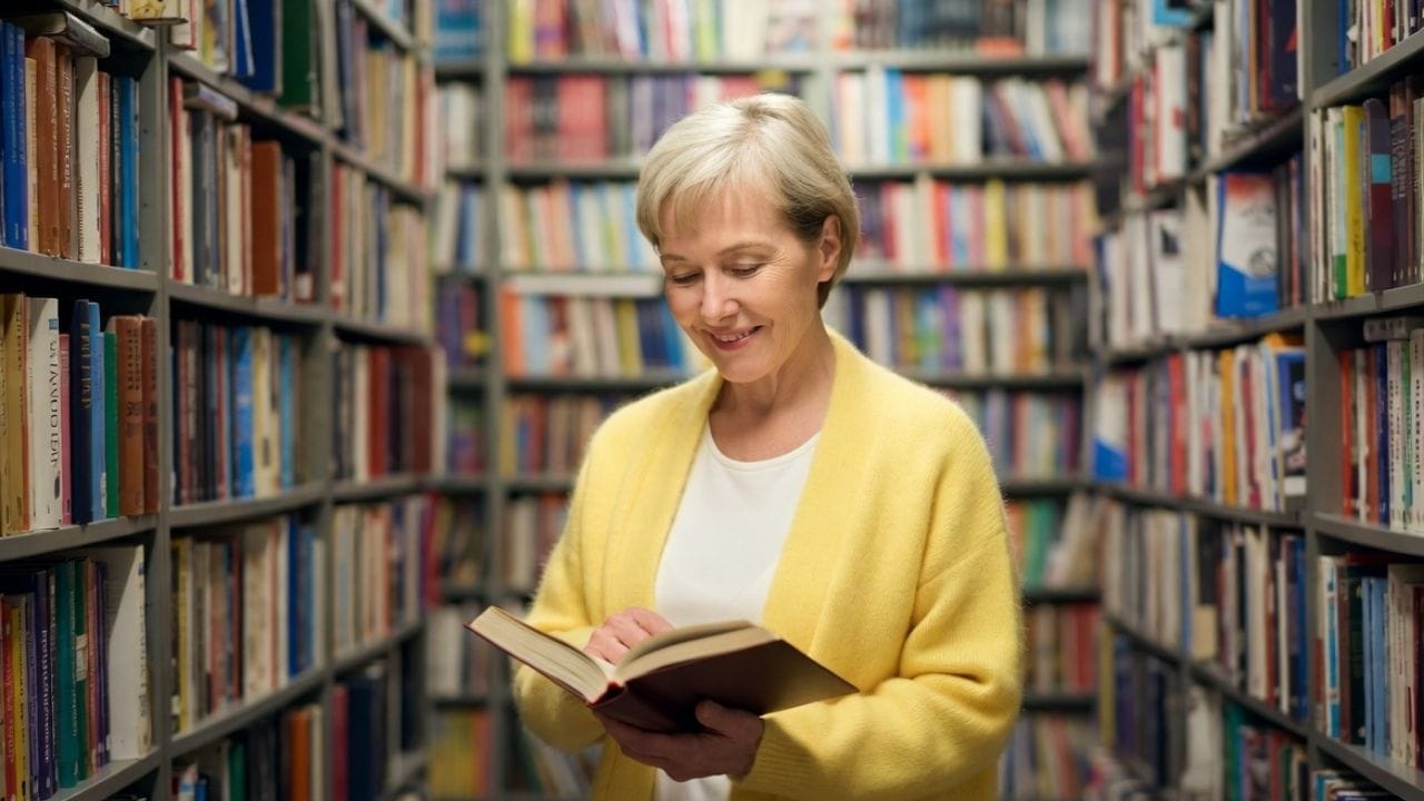 Smiling adult woman standing between tall bookshelves in a library, wearing a yellow cardigan and reading an open book, with rows of colorful books surrounding her.