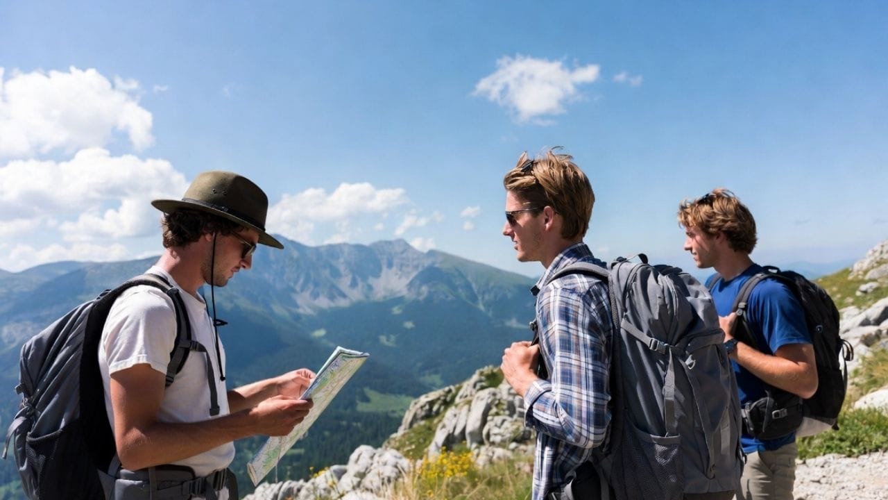 Three hikers standing on a mountain trail with backpacks, one holding a map while the others look on. Rocky terrain and distant mountain ranges are visible under a bright blue sky with scattered clouds.